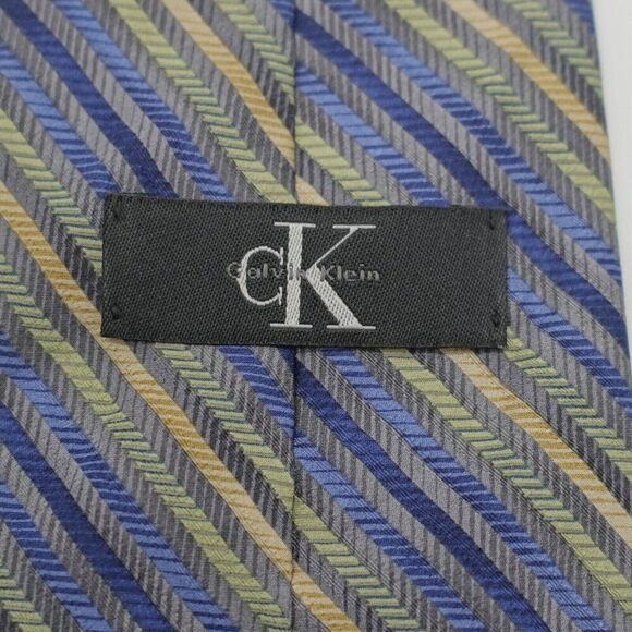 Calvin Klein Gray‎ Multi-Colored Striped Woven Wide Silk Tie - Picture 3 of 6